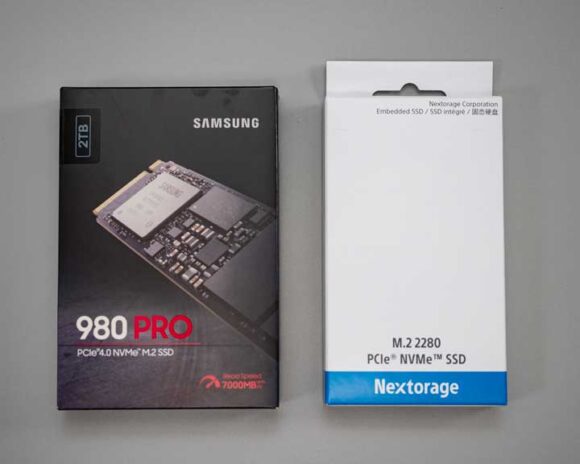 Samsung 980 PRO 2TB と  Nextorage Gシリーズ 2TB のパッケージ（表）