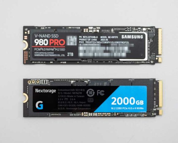 Samsung 980 PRO 2TB と  Nextorage Gシリーズ 2TB の外観比較（表）