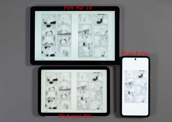 Fire HD 10（第13世代）、iPad mini、Pixel 8 Pro にて Kindleアプリのコミックス