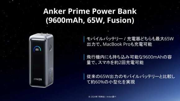 Anker Prime Power Bank（9600mAh, 65W, Fusion）の説明