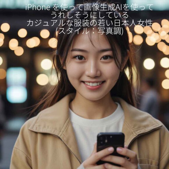 「iPhone を使って画像生成AIを使ってうれしそうにしているカジュアルな服装の若い日本人女性」で生成した画像