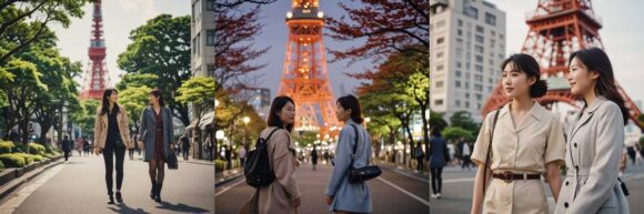 「日本人女性とその妹が楽しそうに会話をしながら散歩している。背後には東京タワーが見える。」という説明でスタイル「写真調」を適用して3回生成した結果