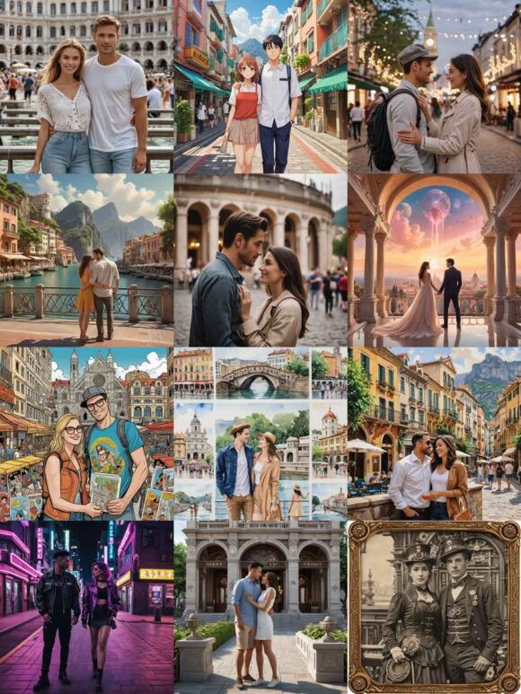 「カップルが観光地で記念写真」というプロンプトで生成した画像たち。スタイルによってかなり特色のある画像が生成される!