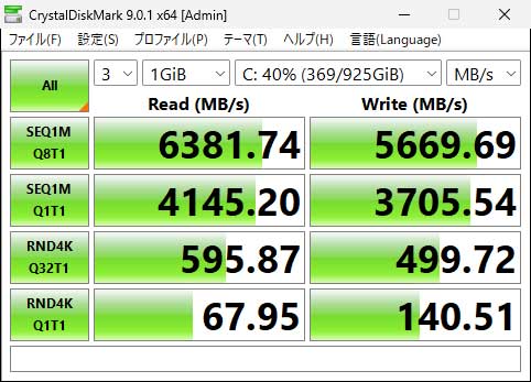 リード・ライト速度。シーケンスリード6391MB/s
