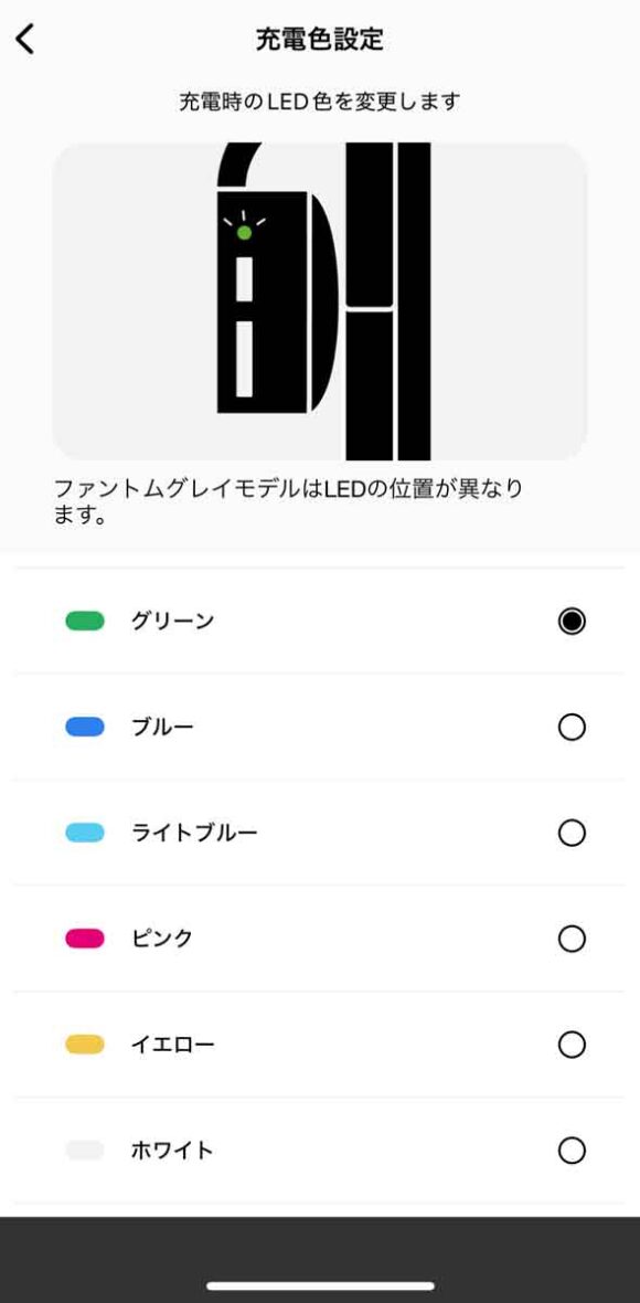 充電中のステータスLEDの色を選択できる