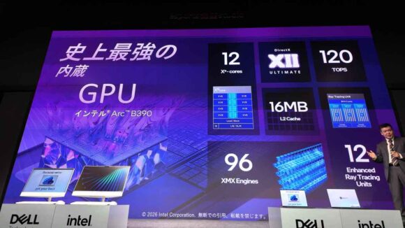 Core Ultra シリーズ3 の特徴を表すスライド。史上最強の内蔵GPU
