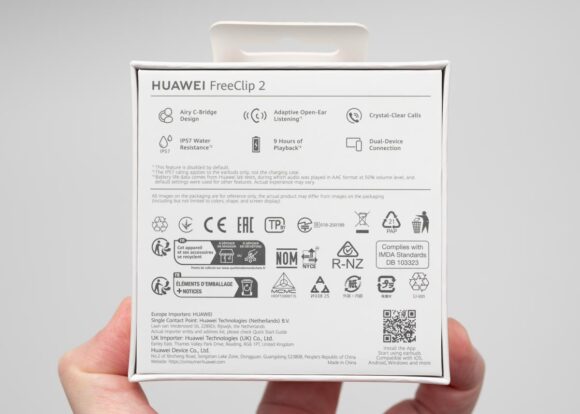 HUAWEI FreeClip 2のパッケージ表側には特徴が零細されています。