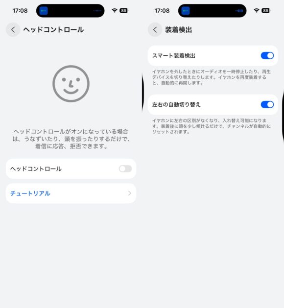 ヘッドコントロールと装着検出慣例の設定画面