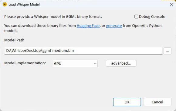 WhisperDesktop 起動時の画面。データモデルとGPU利用を選択